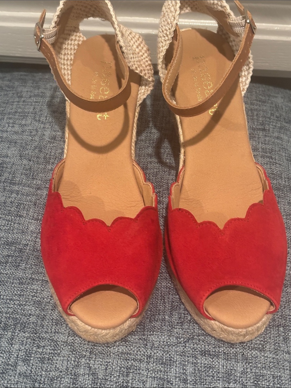 PASEART Women’s Red Scalloped Espadrille Wedge Sandals with Ankle Strap size8.5